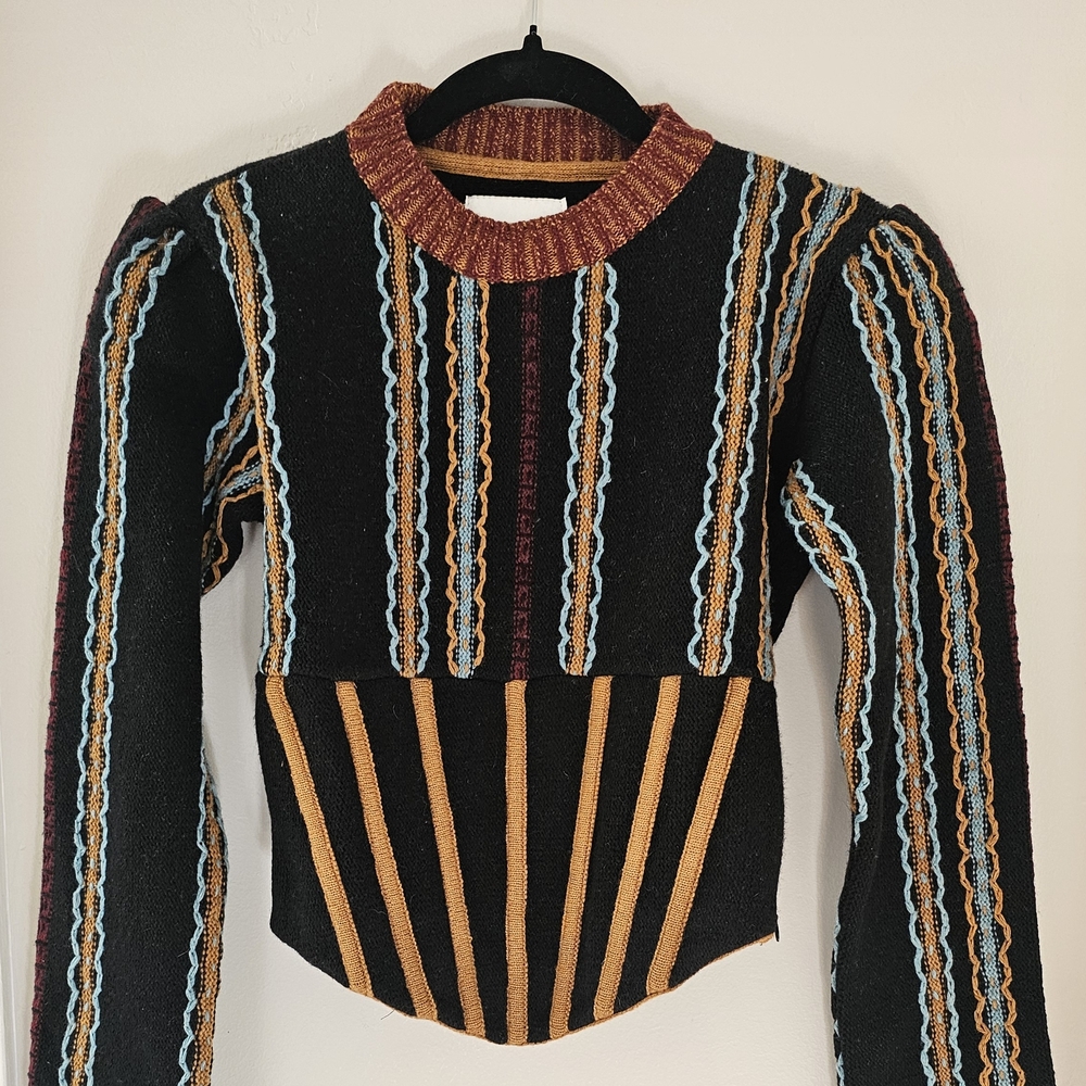 Bansho Black Multi Striped Wool-Blend Knit Corset Sweater Top